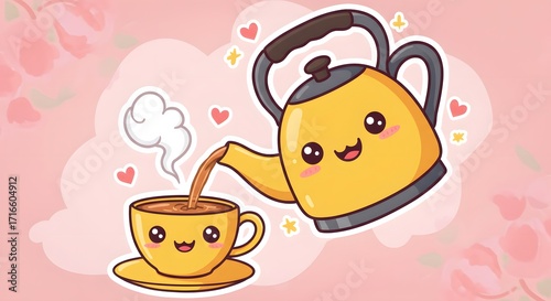 Cartoon tea kettle pouring tea with smiling cup, kawaii sticker