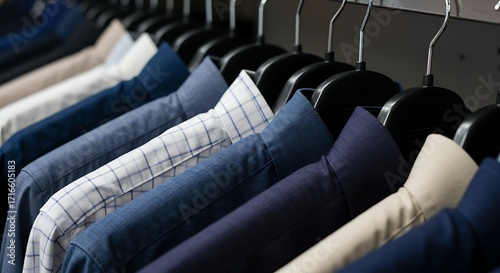 A row of mens dress shirts hanging on hangers in a closet or store