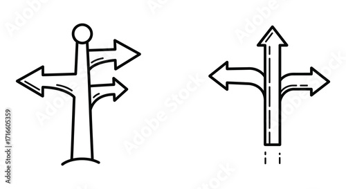 Simple black and white illustration depicting two directional signpost symbols