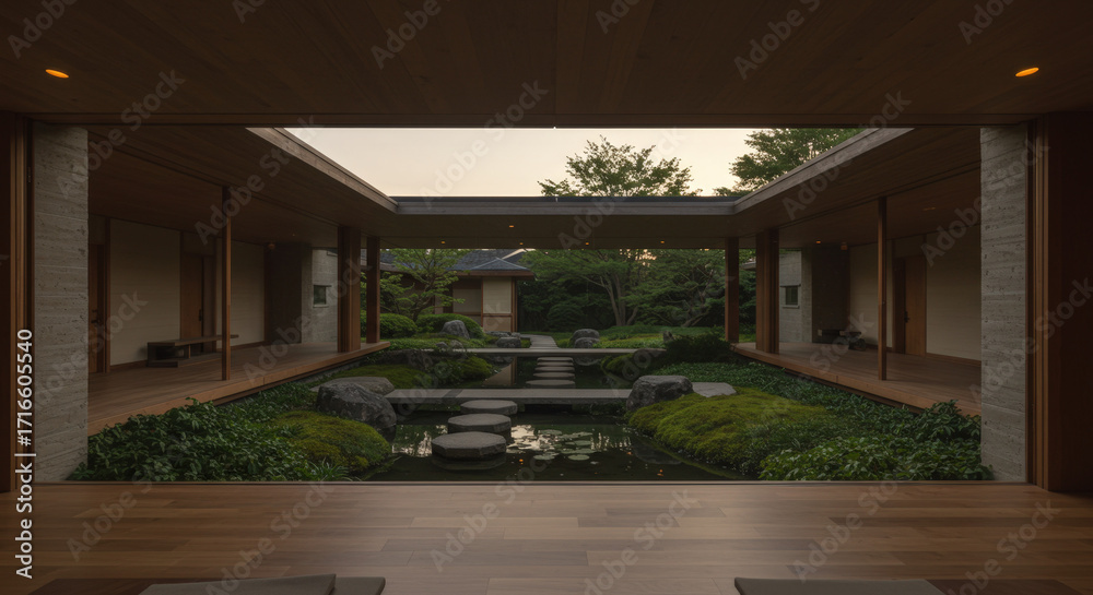 Fototapeta premium Modern Japanese zen courtyard with traditional architecture and peaceful garden viewed through covered walkway