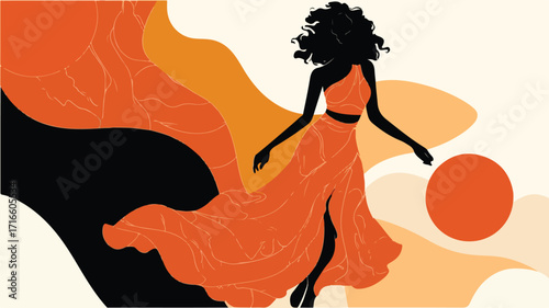Vibrant Woman Dancing in Orange and Black Poster Design