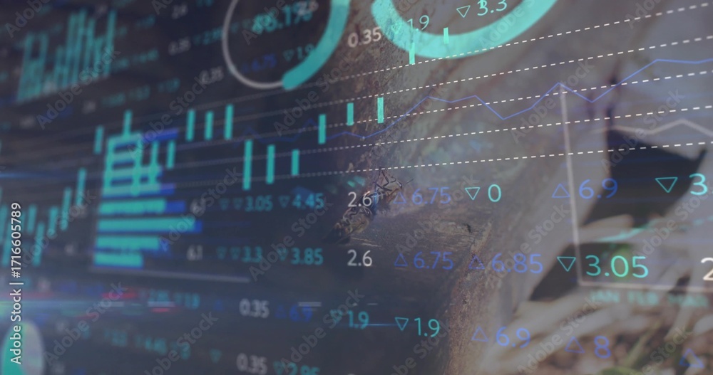 Fototapeta premium Displaying financial overlay merging with forest bark and grass, candlestick line charts and gauges