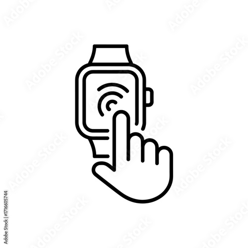 Smartwatch touch screen interaction with finger pressing on the display minimalist line art for modern technology illustration and interface design
