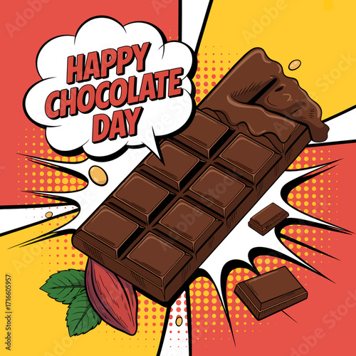 Happy Chocolate Day illustration featuring a delicious chocolate bar cocoa bean and a festive comic book style design perfect for greetings and celebrations
