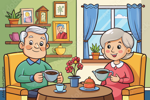 Vector art of senior couple sitting at table drinking tea or coffee in living room at home in cartoon illustration