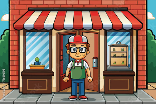 Vector art of friendly shopkeeper standing in front of his store, inviting customers with a warm smile illustration