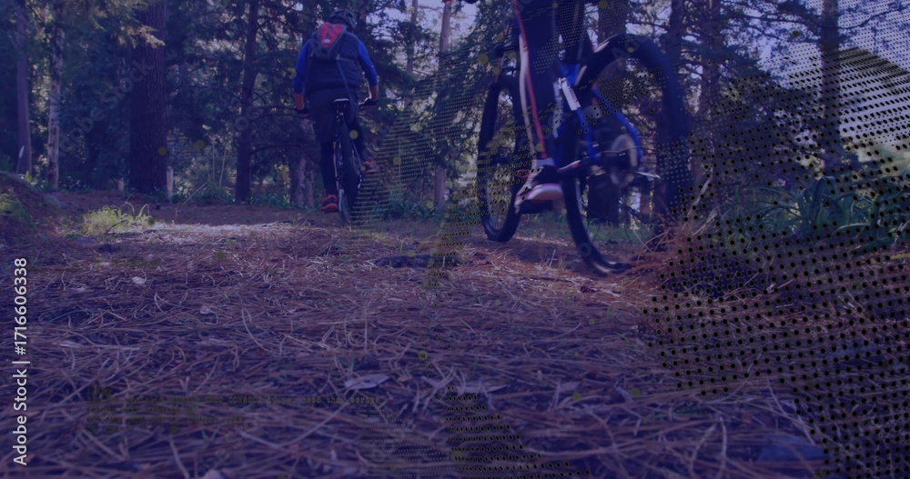 Fototapeta premium Two riders wearing hooded jacket and leggings cycling along pine forest trail, with bikes, backpack