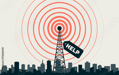 Communication Tower Transmitting a Signal with a Help Message in Urban Landscape Calling for Assistance and Support in Challenging Times