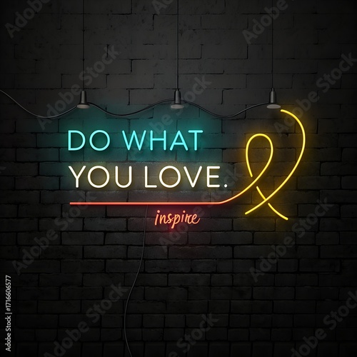 Neon sign with inspirational quote and heart on brick wall