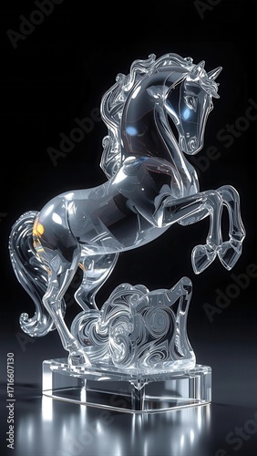 Elegant Glass Horse Sculpture with Glowing Reflections and Design