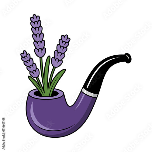 Creative Lavender Flower Arrangement in a Purple Smoking Pipe on White Background Still Life Illustration