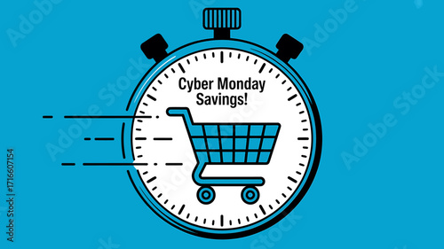 Cyber Monday Savings Countdown with Shopping Cart Icon and Timer for Limited Time Offers and Online Deals
