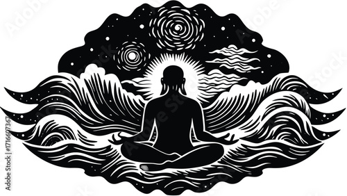 Black and white silhouette of a woman meditating in a lotus pose for yoga, health, and spiritual relaxation