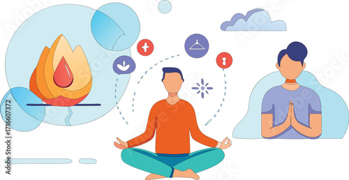 A cartoon illustration of a woman doing yoga on the beach, sitting peacefully with a view of the summer sea