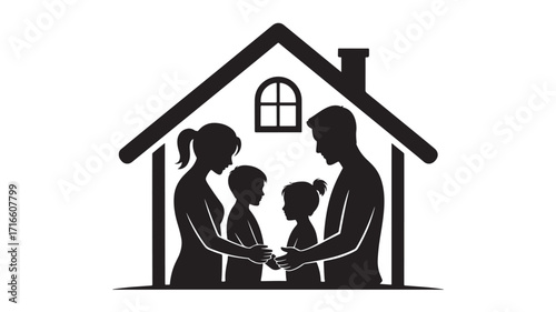 Silhouette of a family of four parents and two children standing together inside a house icon representing family unity love and home