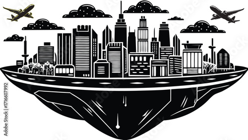 Black and white vector illustration of a city skyline with buildings and skyscrapers overlooking a harbour with boats and ships on the water