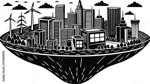 Urban cityscape vector illustration with towering skyscrapers and architectural buildings