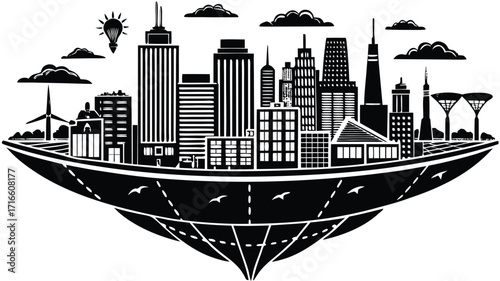 City urban metropolis silhouette illustration of a night skyline with skyscrapers and other buildings