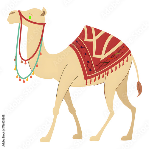 Decorated camel with saddle and harness