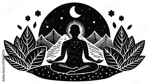 A silhouette illustration of a woman meditating in a lotus pose, representing yoga and spiritual relaxation