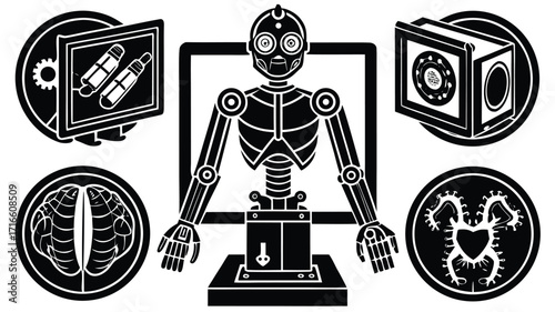 Funny retro robot cartoon character with a celtic cross vector illustration