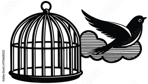 Trapped in a vintage golden birdcage, a single bird longs for escape and freedom