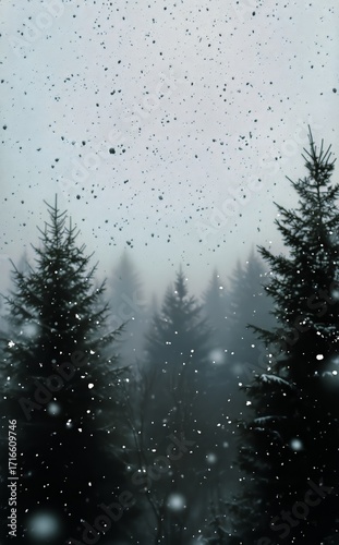 Snow Falls Softly Over a Dense Forest in Winter Under Gray Skies
