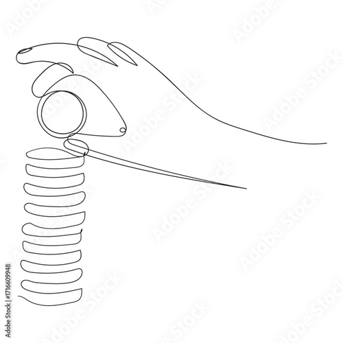 hand drawn doodle hands put coins illustration in continuous line art style vector isolated