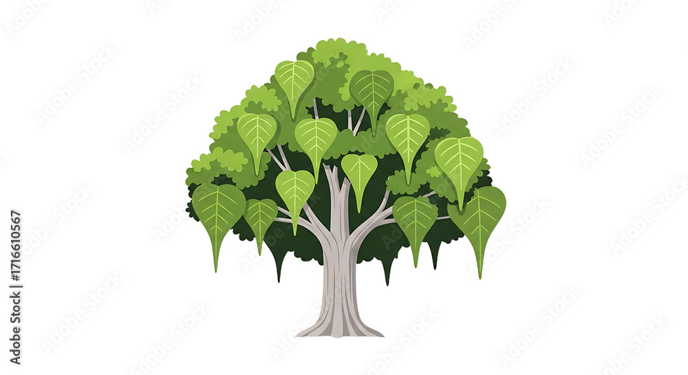 Obraz premium Lush Green Bodhi Tree with HeartShaped Leaves Detailed Illustration.
