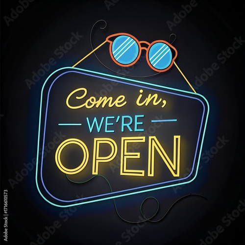 Retro neon open sign with sunglasses