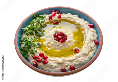 Delicious baba ghanoush isolated on transparent background, a creamy middle eastern dip made from eggplant, tahini, lemon juice, and olive oil