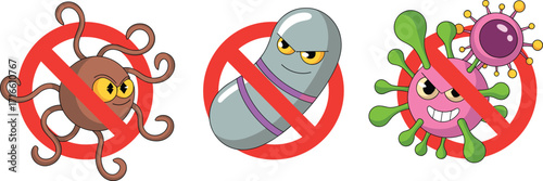 cartoon germs with prohibition signs, bacteria illustration, hygiene concept, health protection, virus prevention, medical clipart design