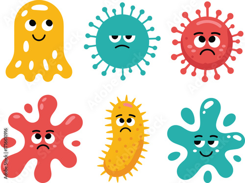cartoon germ characters, colorful microbes illustration, hygiene education, health awareness, virus prevention, bacteria clipart, medical design elements