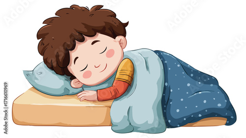 Adorable Cartoon Boy Sleeping Peacefully in Bed with Smiling Moon - Vector Illustration