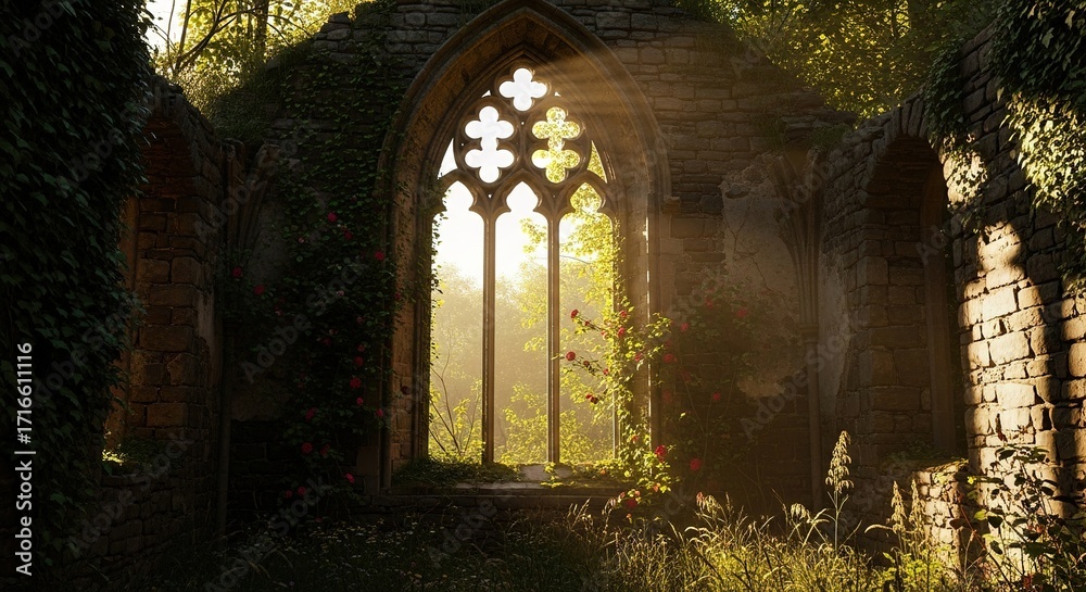 Fototapeta premium Sunlit Gothic Window in Overgrown Ruin