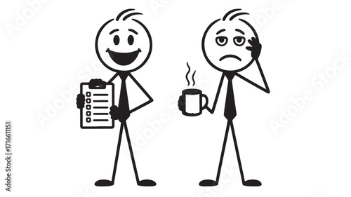 Two stick figures one happy and holding a checklist the other stressed and holding coffee representing contrasting work moods
