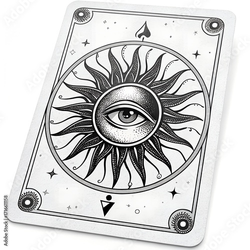 Mysterious tarot card back with eye of providence sun design