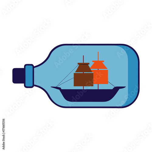 A miniature sailing ship trapped inside a blue glass bottle