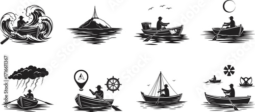 Fisherman rowing boat silhouette, fishing at sea, ocean waves, traditional fishing, rowboat, maritime lifestyle, nautical adventure, seascape, outdoor travel, nature