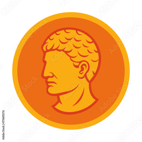 Stylized roman emperor profile on an orange coin