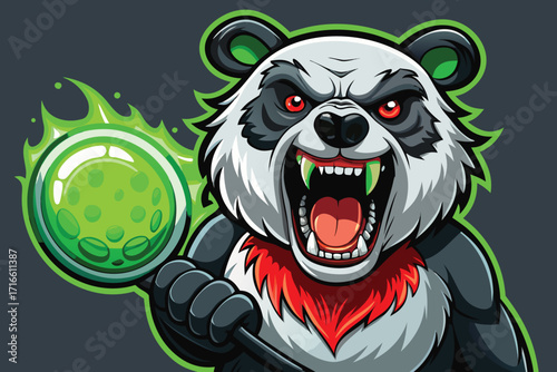 Fierce panda warrior casting a spell with glowing green energy ball, a powerful mascot for gaming or esports, radiating strength and intensity