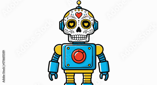 Cartoon robot skull with colorful sugar skull decorations for Day of the Dead, a festive celebration. Cartoon robot, a whimsical character with a skull motif, makes a striking visual statement.