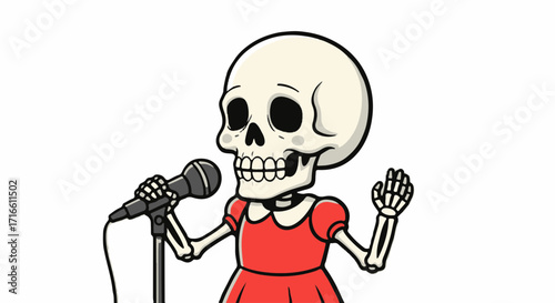 Skeleton singing with microphone, wearing dress, isolated on white background. Singing skeleton is holding a microphone in its bony hand, ready to perform musical number.