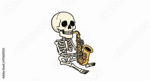 Skeleton playing saxophone, a musician's bony figure with brass instrument. Skeleton playing saxophone represents skeleton's skeleton anatomy. Artistic rendering.