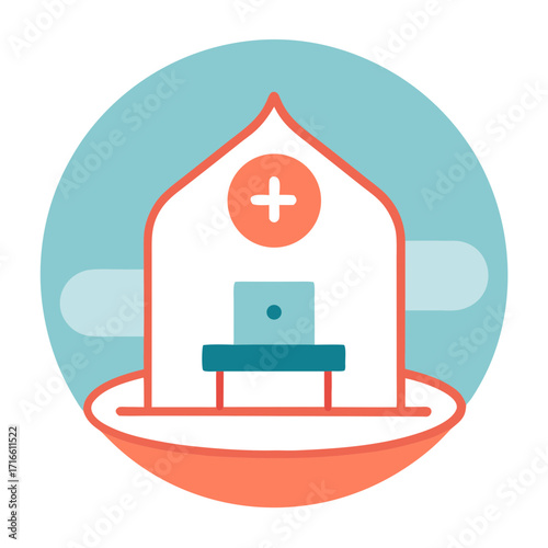 Modern medical clinic building with laptop and health symbol