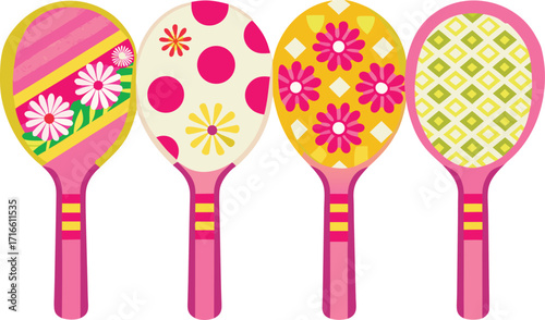 Whimsical tennis rackets with vibrant floral and geometric patterns offer a playful, retro vibe perfect for designs needing a dash of cheerful nostalgia