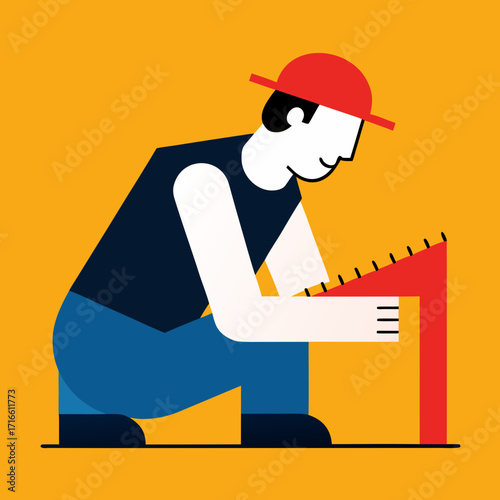 Craftsman squats using a square tool to measure and build