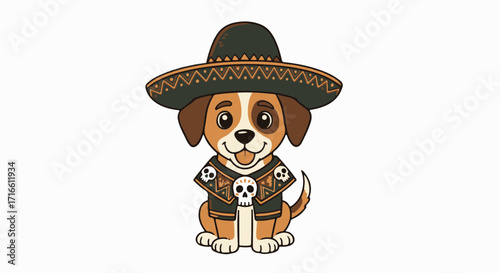 Adorable dog wearing sombrero and poncho for Day of the Dead celebration. Day of the Dead design with cute dog, wearing typical mexican garment for celebration.