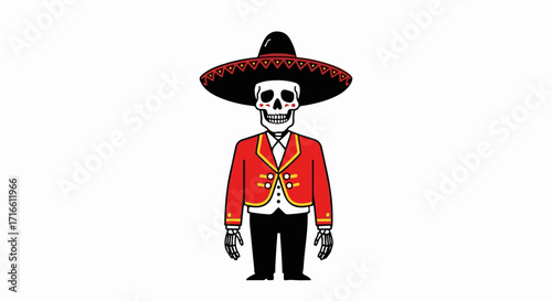 Skeleton in sombrero represents Day of the Dead, in traditional Mexican attire. Skeleton figure shows off embroidered jacket and wide brimmed hat. Day of the Dead imagery for themed event invitations.