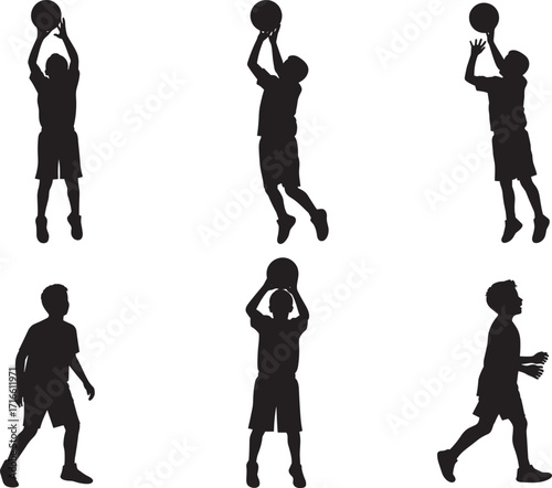 Silhouette boys playing basketball, children shooting ball, sports activity, youth training, fitness exercise, game action, teamwork, outdoor playground illustration, competition